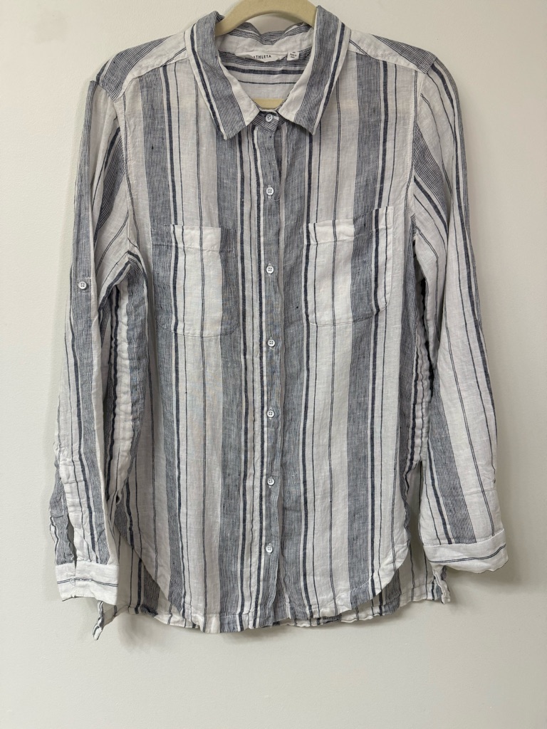 Athleta Peninsula Striped Button-Up Shirt - White & Navy Size Medium #124